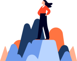 Hand Drawn Businessman standing on top of the mountain of success in flat style png