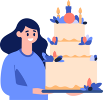 Hand Drawn Female character with birthday cake in flat style png