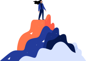 Hand Drawn Businessman standing on top of the mountain of success in flat style png