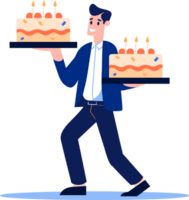 Hand Drawn Male character with birthday cake in flat style png