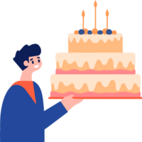 Hand Drawn Male character with birthday cake in flat style png