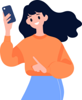 main tiré femelle personnage en portant une tablette ou téléphone intelligent dans plat style png