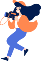 Hand Drawn Female character taking pictures with camera in flat style png