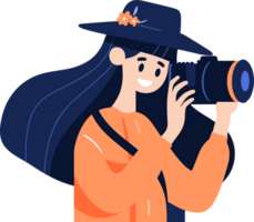 Hand Drawn Female character taking pictures with camera in flat style png