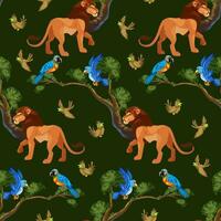 Seamless Pattern Lion and Birds in Tree vector