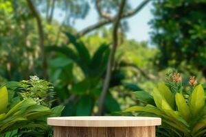 Wooden product display podium for cosmetic product with green nature garden background photo