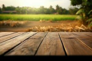 Rustic Wooden Table with Blurred Green Nature Garden Background photo