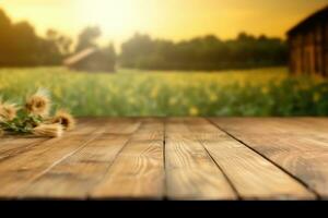 Rustic Wooden Table with Blurred Green Nature Garden Background photo