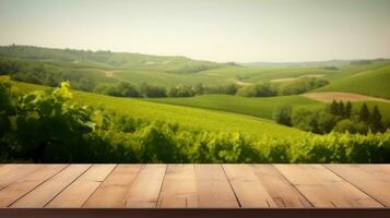 Wooden table green nature background, wooden floor for products photo