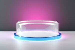 Product Podium with glow lights, tech product podium futuristic background photo