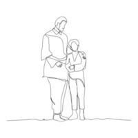 Single line drawing of father and his children holding hands out line vector art illustration