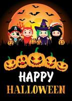Happy Halloween poster. Kids in Halloween costumes and pumpkins vector