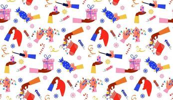 Seamless pattern with New Year elements in hands in flat retro cartoon style. Vector background of hands holding gifts, candy, sock with gifts.