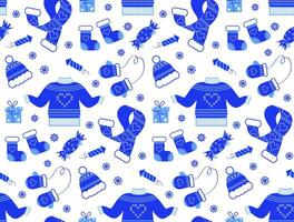 Seamless pattern with New Year elements in flat style. Vector background with winter clothes, sweater, hat, socks with ornament and other elements. Blue monochrome colors.