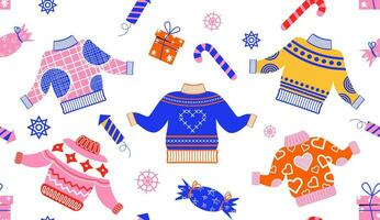 New Year pattern from winter clothes in flat style. Vector background with Christmas elements. For printing on packaging paper, fabric.