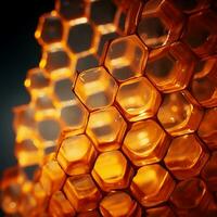 photorealistic image of honeycombs. pattern with yellow honeycombs, structure. ai generated photo