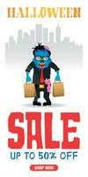 Halloween sale white poster, banner with funny zombie office worker. Sale up to 50 off. Sale Halloween graphic design vector