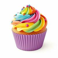 photorealistic image of a cupcake with rainbow cream. festive birthday dessert, cake.. AI generated photo