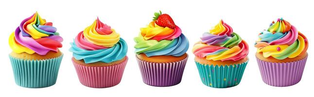 fotorrealista imagen de un conjunto de magdalenas con arco iris crema. festivo cumpleaños postre pastel. ai generado foto