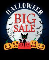 Halloween big sale background with funny cat and pumpkins vector