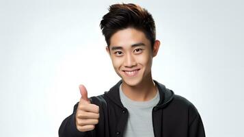 Young asian man showing thumbs up, isolated on white background photo