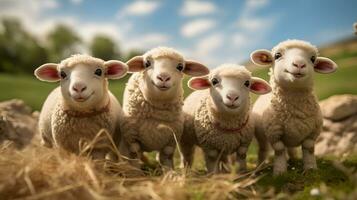 Flock of sheep in a meadow on a sunny summer day photo