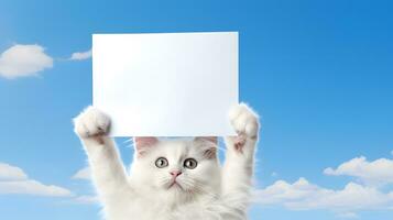 Cute white kitten holding blank sheet of paper on blue sky background photo