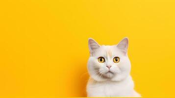 retrato de un blanco gato con amarillo ojos en un amarillo antecedentes foto