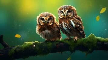 Two owls sitting on a branch in the forest bird watching photo