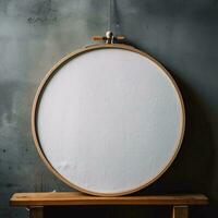 Empty white canvas on wooden hoop, created with generative AI photo