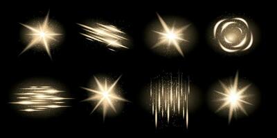 conjunto de dorado luces, bengalas, estallidos de estrellas y iluminado decoraciones, transparente vector efectos y brillante lujo brillante formas