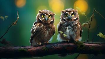 two owl at tree bokeh background photo