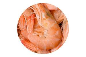 Delicious fresh boiled tiger prawns with salt and spices on a ceramic plate photo