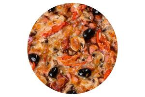 Delicious fresh Italian pizza with olives, cheese, chicken, tomatoes and mushrooms photo
