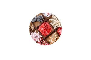 Christmas composition with gingerbread cookies, Christmas toys, pine cones and spices photo