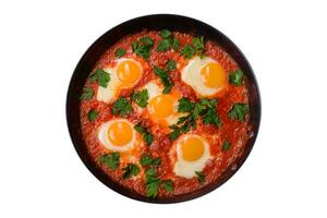 Shakshuka, a dish with fried eggs with tomato sauce, sweet pepper, garlic, onions, spices and herbs photo