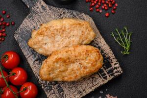 Delicious juicy cutlets or meatballs from minced chicken with salt and spices photo