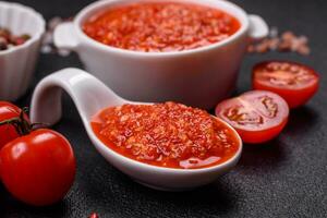 Delicious hot spicy red sauce with salt and spices in a ceramic bowl photo