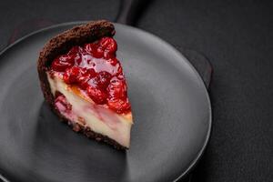 Delicious sweet cheesecake cake with mascarpone cheese, cherry berries and jam photo