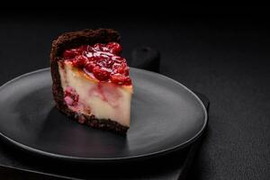 Delicious sweet cheesecake cake with mascarpone cheese, cherry berries and jam photo