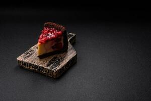 Delicious sweet cheesecake cake with mascarpone cheese, cherry berries and jam photo