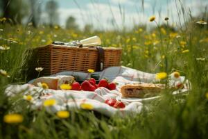 Picnic spring meadow food. Generate Ai photo