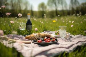 Picnic spring meadow nature. Generate Ai photo