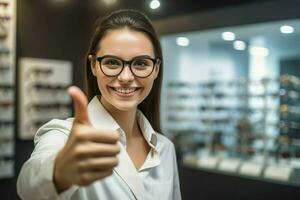 Female optician thumb up. Generate Ai photo