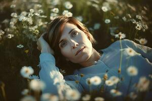 Woman laying field flowers beauty. Generate AI photo