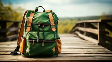 School Bag in wooden table road background photo