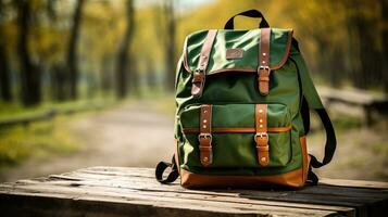 School Bag in wooden table road background photo