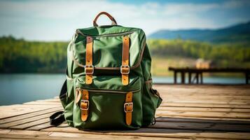 School Bag in wooden table road background photo