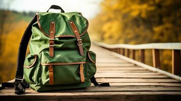 School Bag in wooden table road background photo