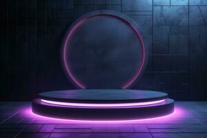 Cyberpunk Sci-Fi Product Presentation Podium with Glowing Lamp Frame in Dark - Technology Concept photo